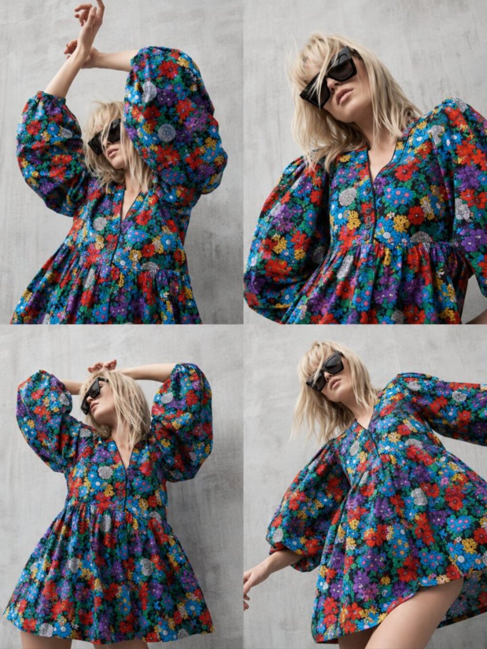 Floral Cotton Puff Sleeve Mini Tunic Dress Oversized